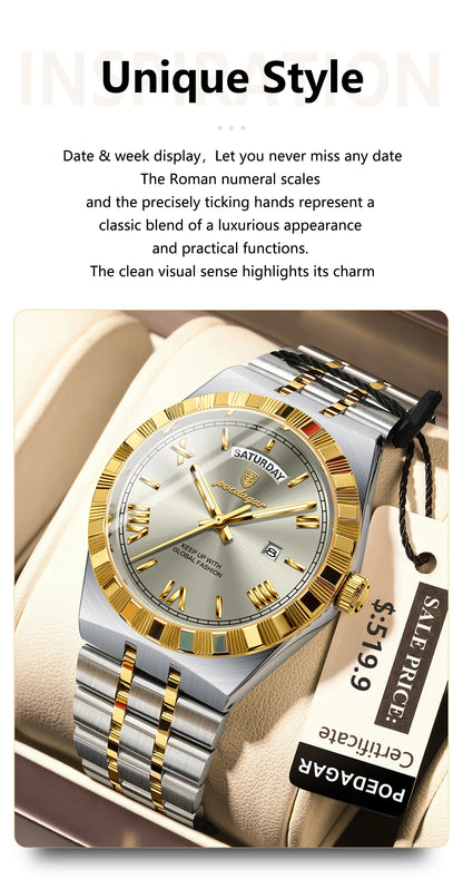 POEDAGAR Luxury Business Man Watch Week Date Waterproof Luminous Watches For Men Stainless Steel Quartz Men's Fashion Wristwatch