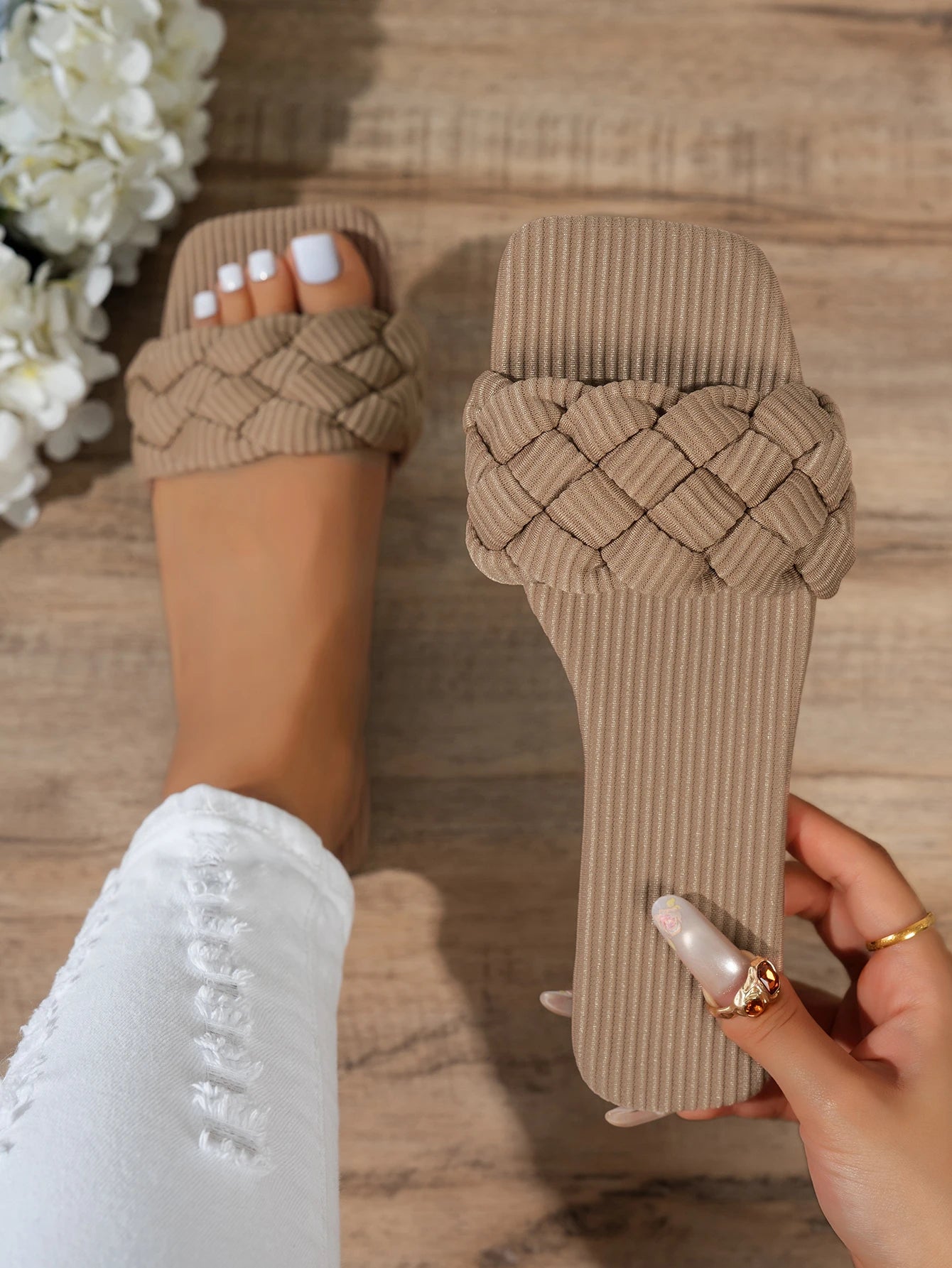 Square-toe Basket-Woven Sandals, Flat Home Slippers