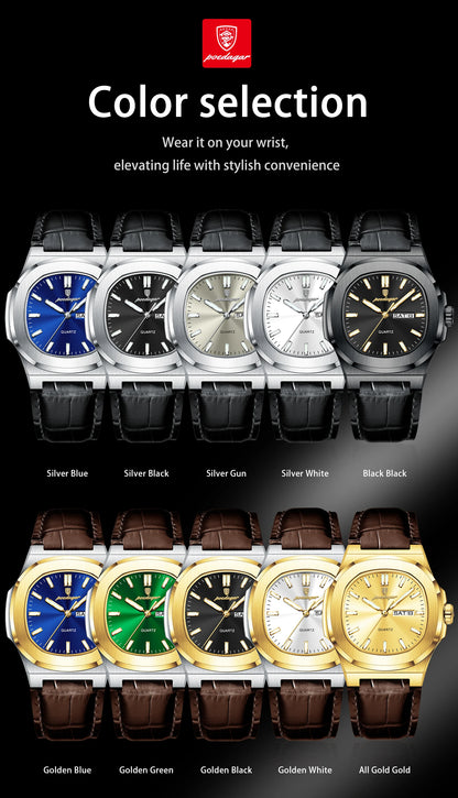 POEDAGAR High Quality Watch For Men Luxury Luminous Waterproof Week Calendar Man Clock Leather Square Men's Quartz Watches Reloj