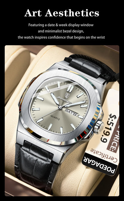 POEDAGAR High Quality Watch For Men Luxury Luminous Waterproof Week Calendar Man Clock Leather Square Men's Quartz Watches Reloj