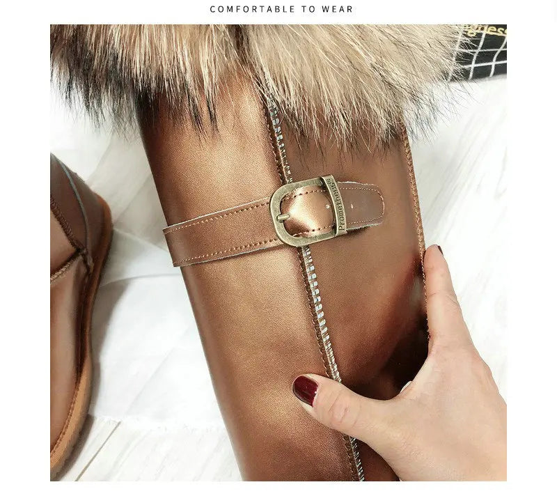 Winter Natural Fox Fur Long Boots Winter Fur Black Genuine Leather Snow Boots Knee- High Boots Waterproof Flat Raccoon Fur Boot