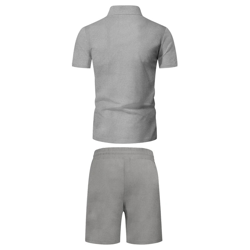Men's Comfortable Short-Sleeved Waffle Polo Shirt And Shorts Set - Breathable Lightweight Spring/Summer Clothing