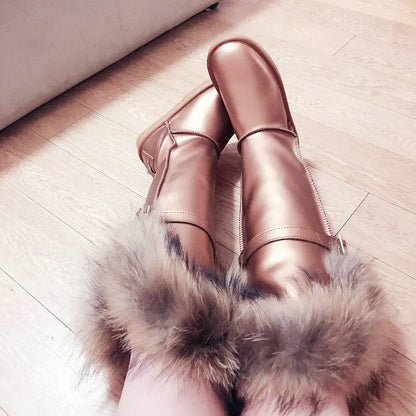 Winter Natural Fox Fur Long Boots Winter Fur Black Genuine Leather Snow Boots Knee- High Boots Waterproof Flat Raccoon Fur Boot