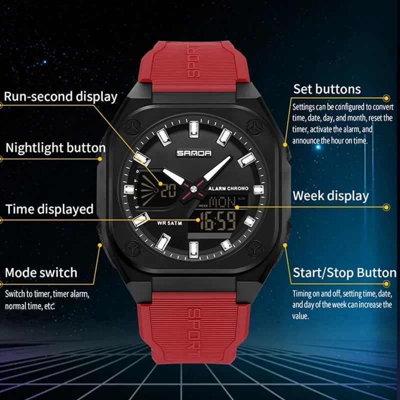 SANDA Quartz Watches for Men's Luxury Military Sport Chronograph Waterproof LED Dual Display Electronic Man Watches Reloj Hombre