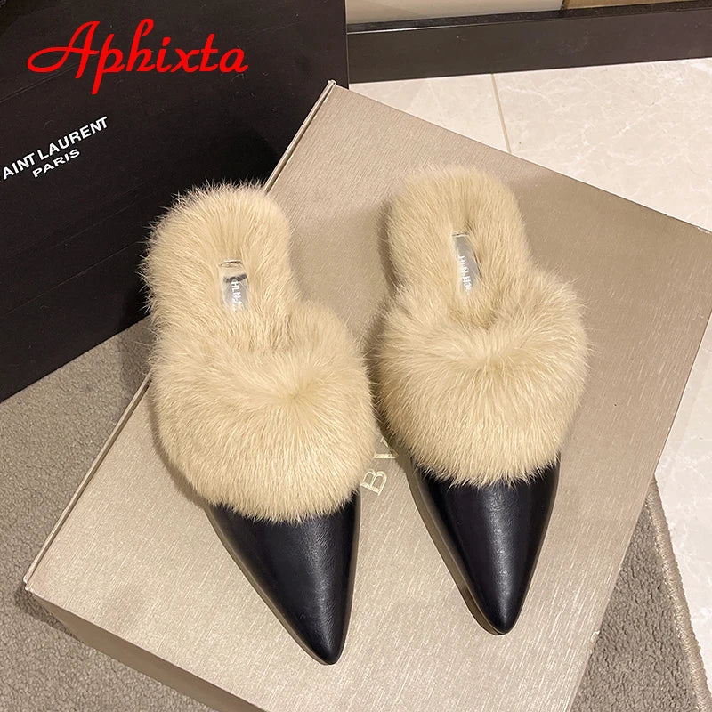 Aphixta New Warm Winter Real Rabbit Fur Plush Women Slippers Birds Furry Plaid Shoes Pointed Toe Flat Heel Hair Slides