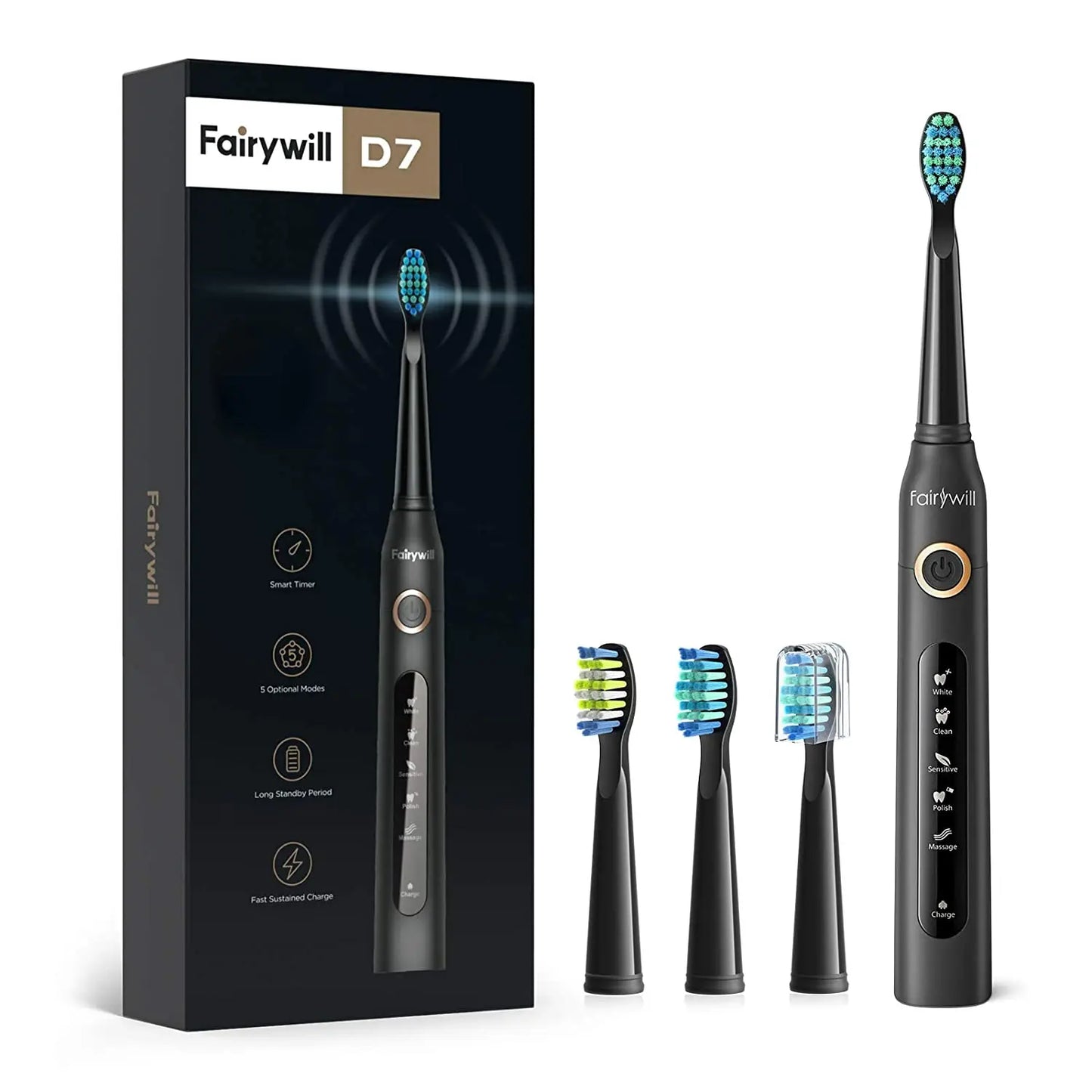 Fairywill FW-507 Electric Sonic Toothbrush | USB Rechargeable Waterproof Toothbrush with Replacement Heads for Adults