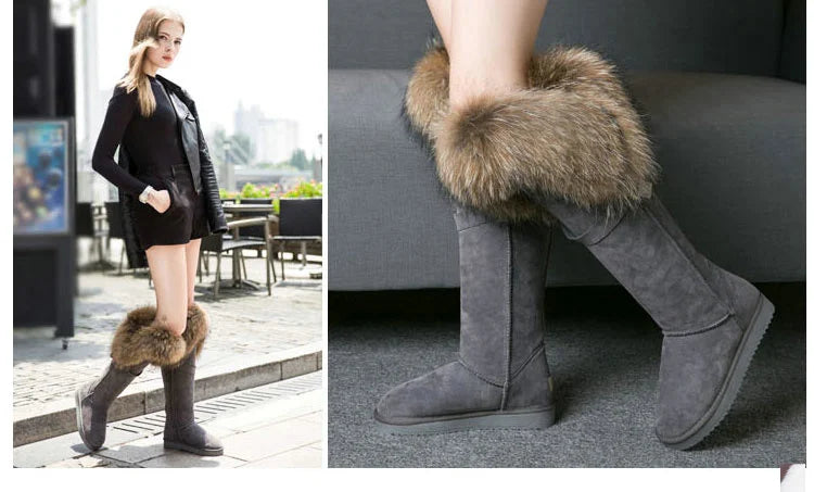 Winter Natural Fox Fur Long Boots Winter Fur Black Genuine Leather Snow Boots Knee- High Boots Waterproof Flat Raccoon Fur Boot