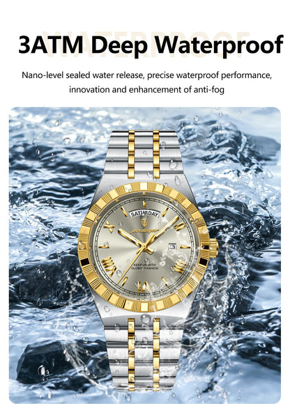 POEDAGAR Luxury Business Man Watch Week Date Waterproof Luminous Watches For Men Stainless Steel Quartz Men's Fashion Wristwatch