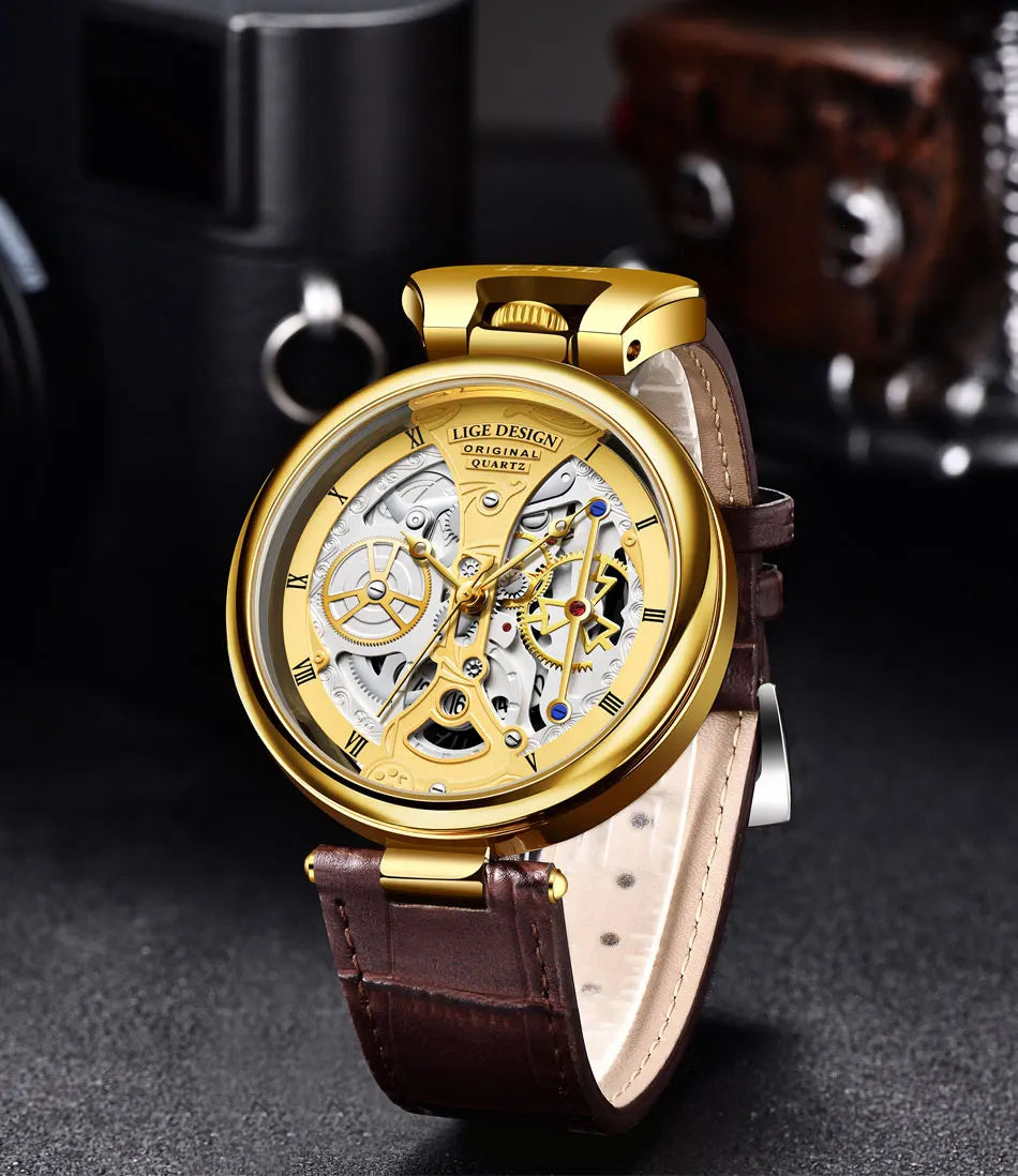 2025 LIGE Men Watches Top Brand Luxury Brown Leather Chronograph Sport Watch For Men Fashion Date Waterproof Clock Reloj Hombre