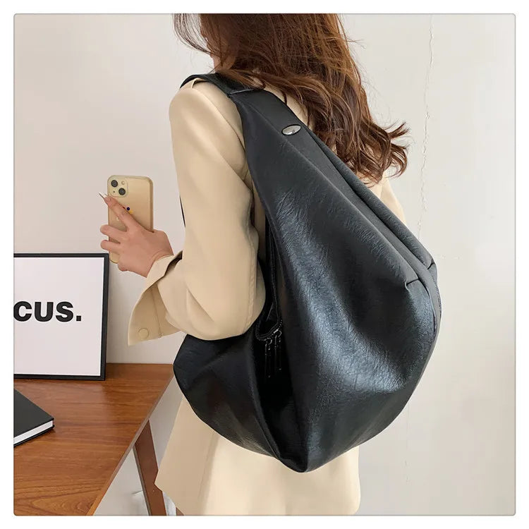 Big Black Shoulder Bags for Women Large Hobo Shopper Bag Solid Color Quality Soft Leather Crossbody Handbag Lady Travel Tote Bag
