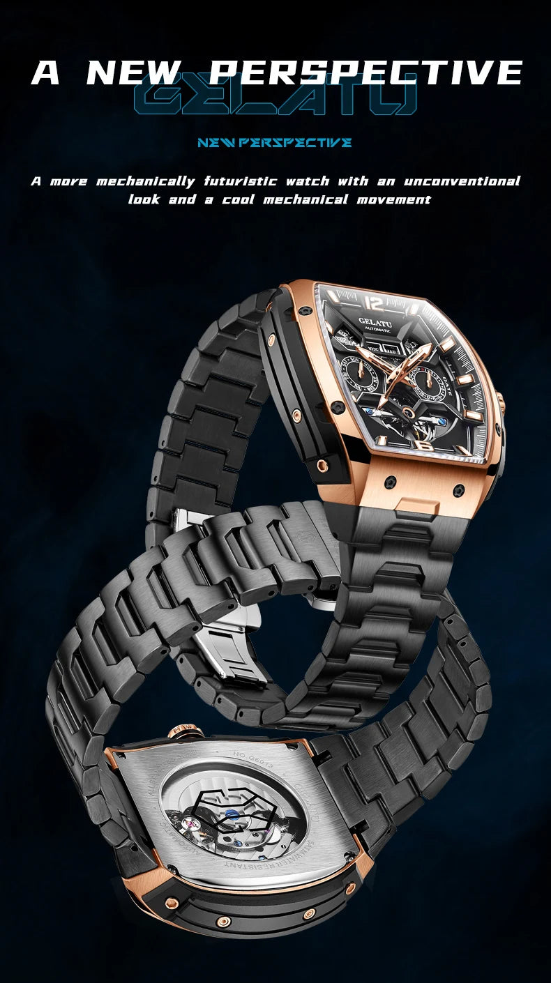 Reloj Hombre Watches Mens GELATU Top Brand Luxury Rose Black Skeleton Tourbillon Automatic Mechanical Watch for Men Waterproof