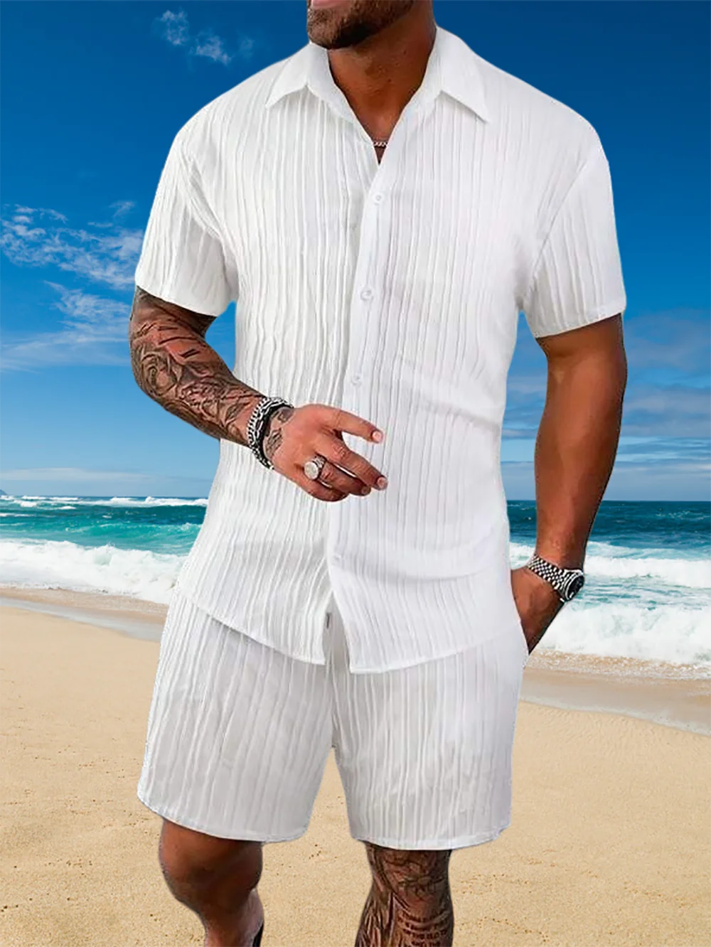 Ice Silk Cool Summer Men's Solid Color Polo Casual Loose Short Sleeve Shorts Sport Set Beach Surfing Ultra-thin Ultra Light