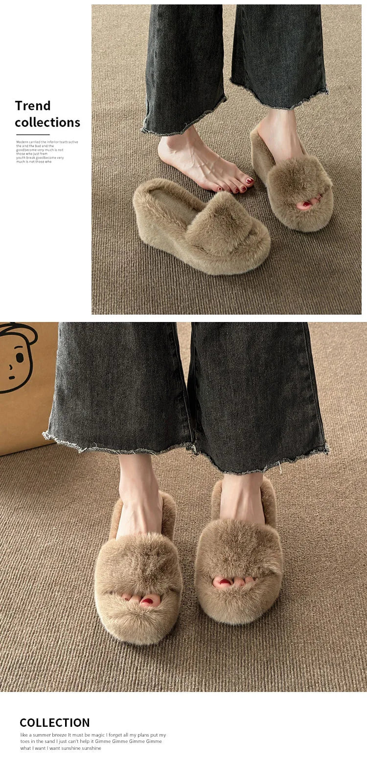 2024 Luxury New Women Feminine High-heeled Fur Drag Outdoor All-match Shoes Slippers Round Head Wedges with Mink Fur Slippers