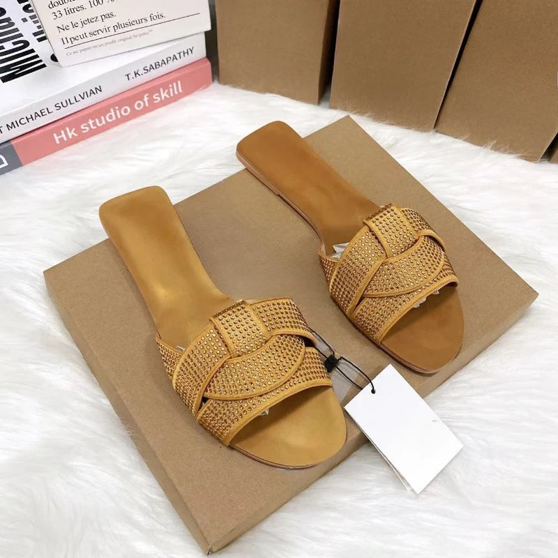 Brand Designer 2024 Summer Flat Women's Slippers Shining Diamond Decoration Open Toe Beach Shoes Outdoor Walk Ladies Slides