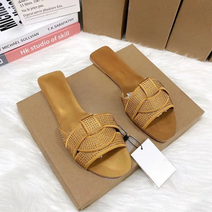 Brand Designer 2024 Summer Flat Women's Slippers Shining Diamond Decoration Open Toe Beach Shoes Outdoor Walk Ladies Slides