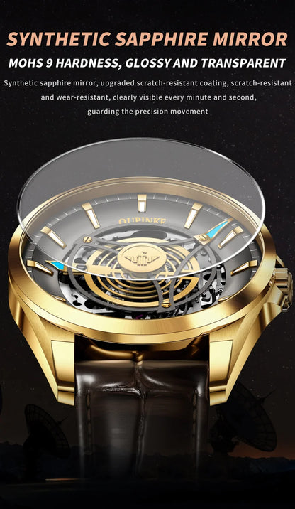 OUPINKE 3206 Automatic Mechanical Watch for Men Hollow 40mm Dial Original Hand Clock Synthetic Sapphire Mirror Leather Man Watch