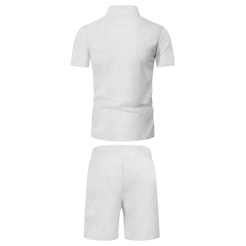 Men's Comfortable Short-Sleeved Waffle Polo Shirt And Shorts Set - Breathable Lightweight Spring/Summer Clothing