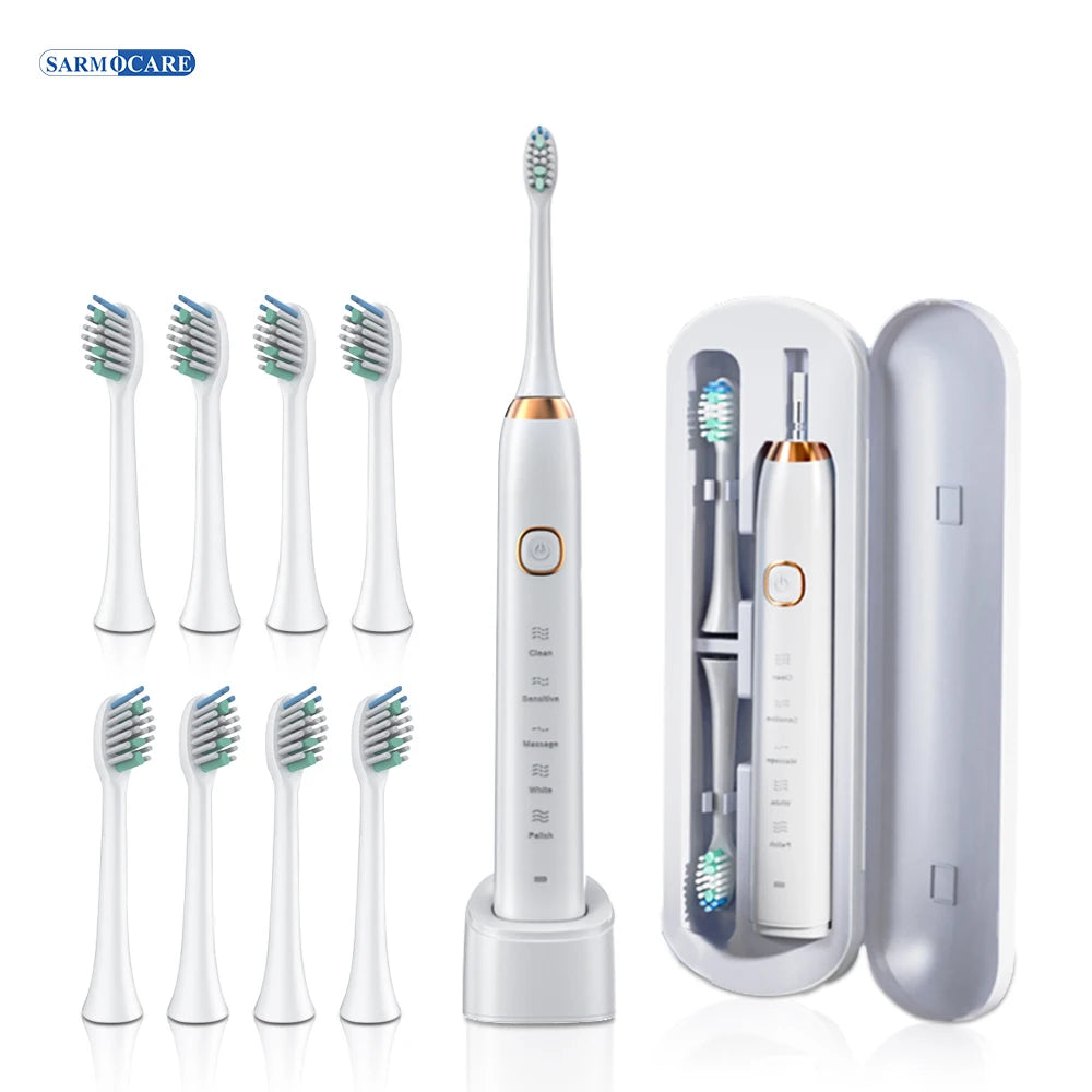 Sarmocare S100 Electric Sonic Toothbrush | Smart Rechargeable Ultrasonic Toothbrush with 8 Brush Heads for Deep Cleaning & Whitening