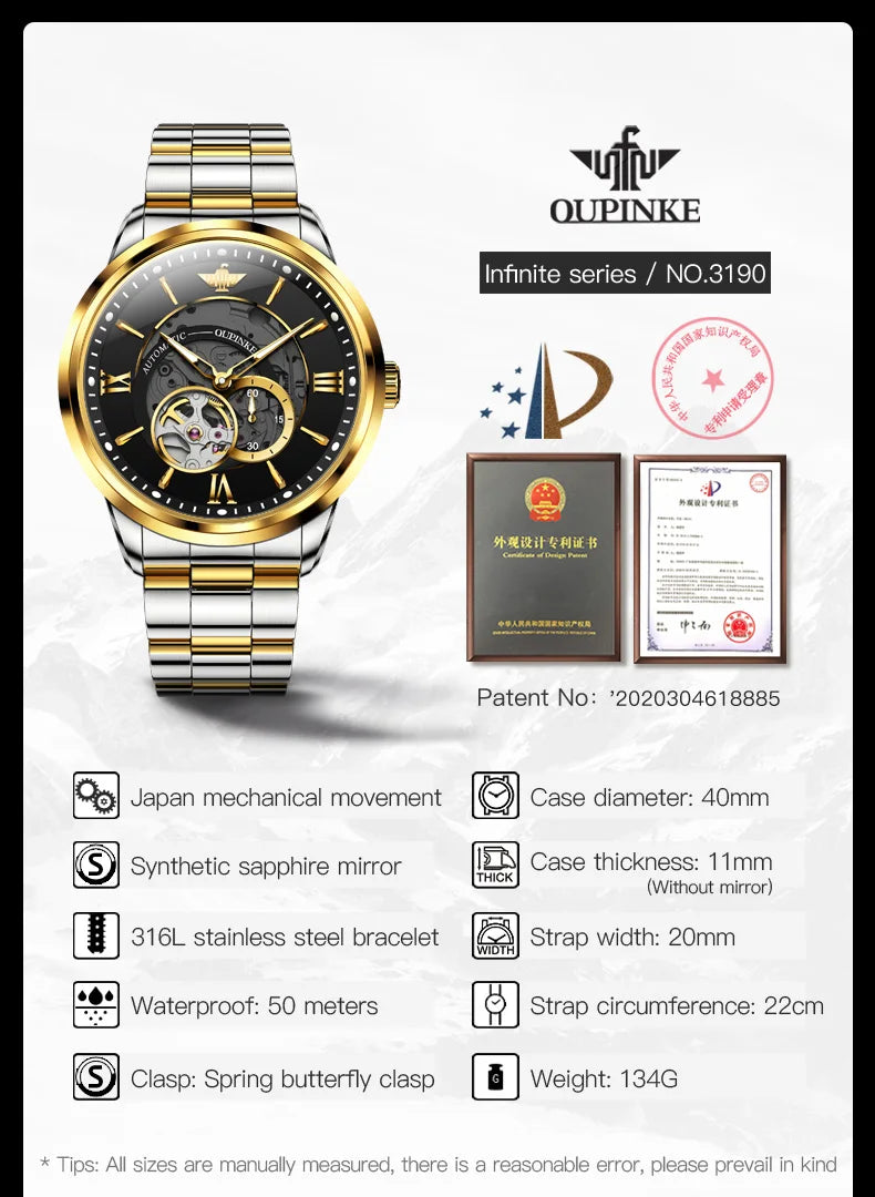 OUPINKE 3190 Hollow Automatic Mechanical Watch For Men Swiss Cerfiticate Brand Men's Watches Luxury Waterproof Man Hand Clock