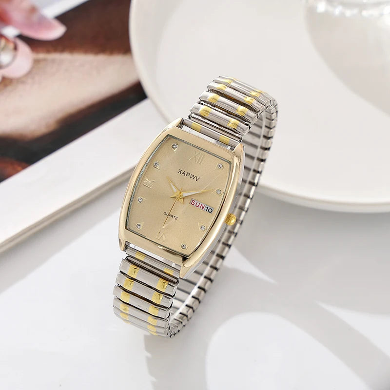 Barrel-Shaped Diamond-Encrusted Dual Calendar Week Men's Watch Week Fashion Casual Business Quartz Couple Watch One Man and One Woman