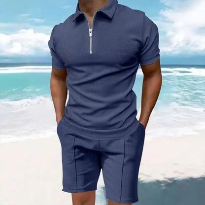 Men's Comfortable Short-Sleeved Waffle Polo Shirt And Shorts Set - Breathable Lightweight Spring/Summer Clothing