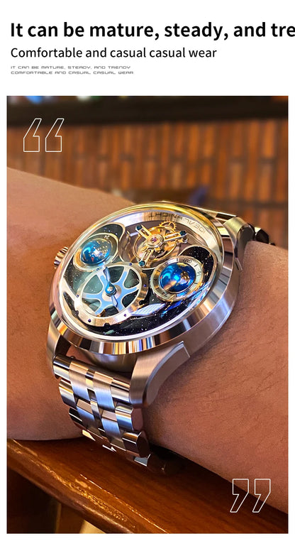 IDEAL KNIGHT 6808 Man Watch Blue Earth Dial Hollow Mechanical Watches For Men Waterproof Tourbillon Men's Automatic Wristwatches