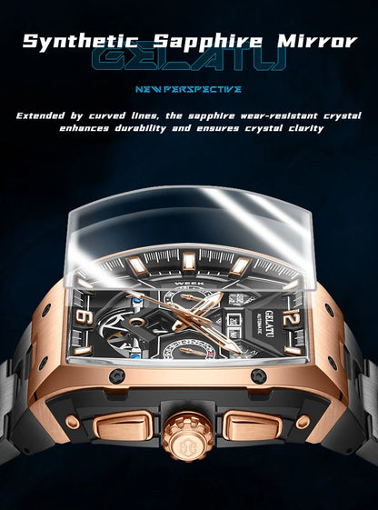 Reloj Hombre Watches Mens GELATU Top Brand Luxury Rose Black Skeleton Tourbillon Automatic Mechanical Watch for Men Waterproof