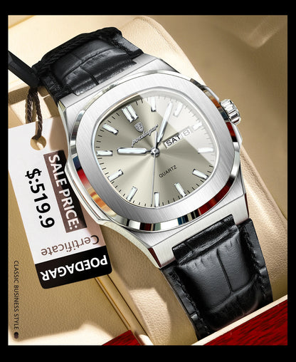 POEDAGAR High Quality Watch For Men Luxury Luminous Waterproof Week Calendar Man Clock Leather Square Men's Quartz Watches Reloj