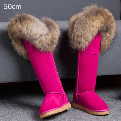 Winter Natural Fox Fur Long Boots Winter Fur Black Genuine Leather Snow Boots Knee- High Boots Waterproof Flat Raccoon Fur Boot