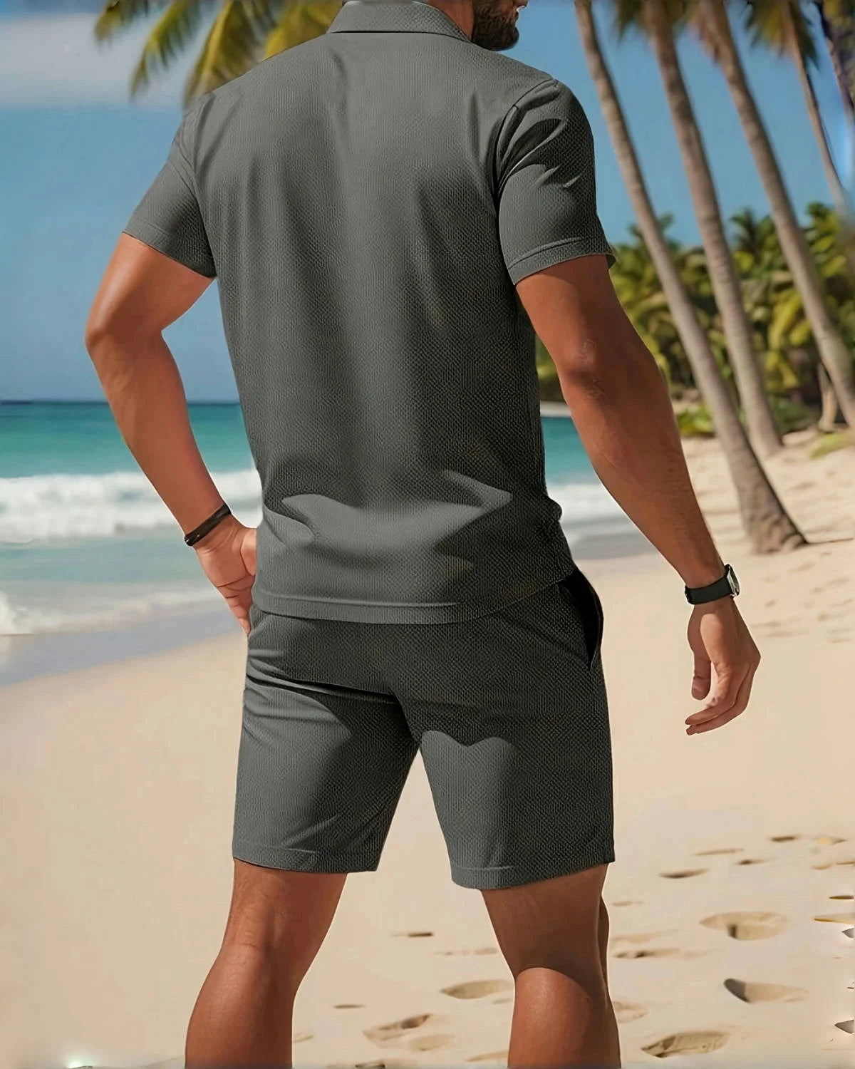 2025Men's business Casual beach sports Two-piece set, Drawstring elastic waist sports shorts set, button access control lapeltop