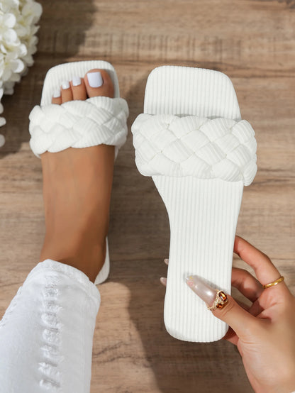 Square-toe Basket-Woven Sandals, Flat Home Slippers