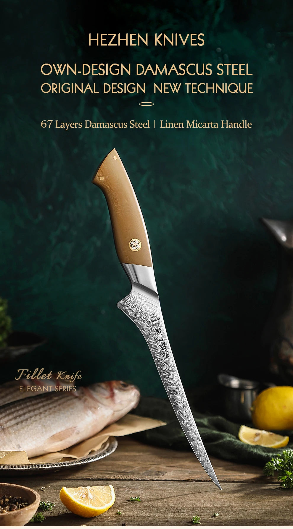 HEZHEN 7.3 Inch Fillet Knife 10Cr15CoMoV Steel Core Damascus Steel Kitchen Knife Cooking Cutlery Kitchen Tools Filleting Knife