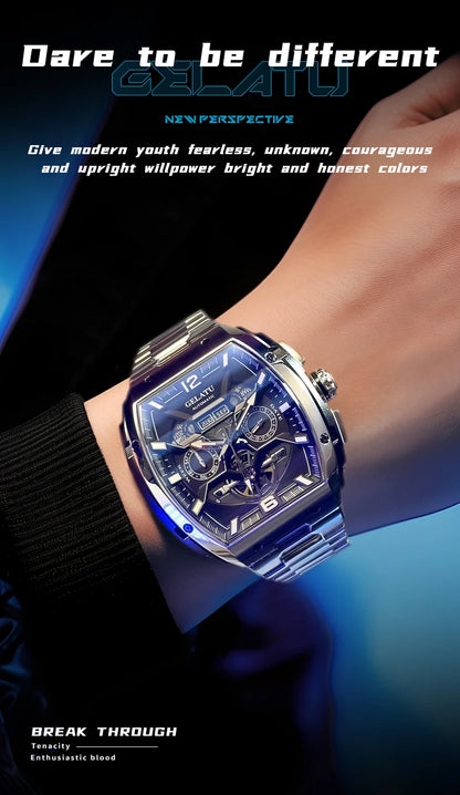 Reloj Hombre Watches Mens GELATU Top Brand Luxury Rose Black Skeleton Tourbillon Automatic Mechanical Watch for Men Waterproof