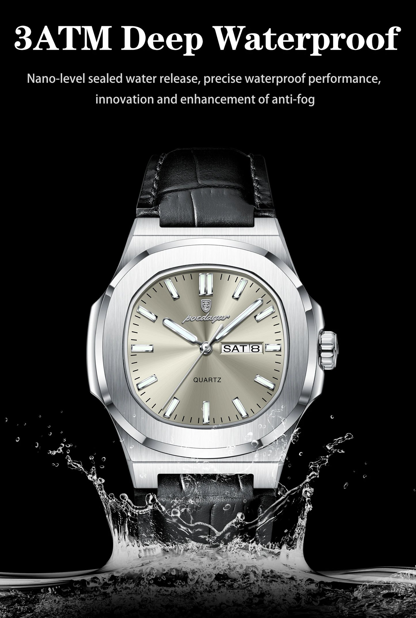 POEDAGAR High Quality Watch For Men Luxury Luminous Waterproof Week Calendar Man Clock Leather Square Men's Quartz Watches Reloj