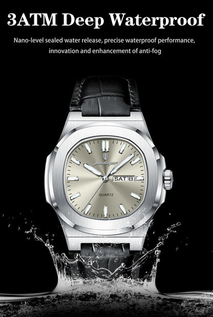 POEDAGAR High Quality Watch For Men Luxury Luminous Waterproof Week Calendar Man Clock Leather Square Men's Quartz Watches Reloj