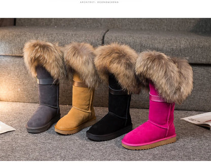 Winter Natural Fox Fur Long Boots Winter Fur Black Genuine Leather Snow Boots Knee- High Boots Waterproof Flat Raccoon Fur Boot
