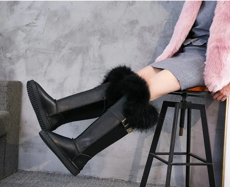 Winter Natural Fox Fur Long Boots Winter Fur Black Genuine Leather Snow Boots Knee- High Boots Waterproof Flat Raccoon Fur Boot