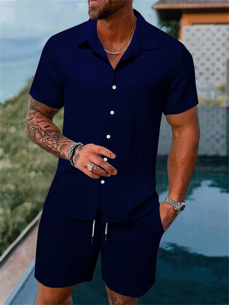 Hot autumn men's striped casual fashion suit shirt and shorts, beach casual suit autumn street wear