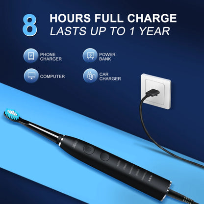 Seago SG-575 Sonic Electric Toothbrush | USB Rechargeable Toothbrush with 360-Day Battery Life, 4 Brush Heads & Travel Box