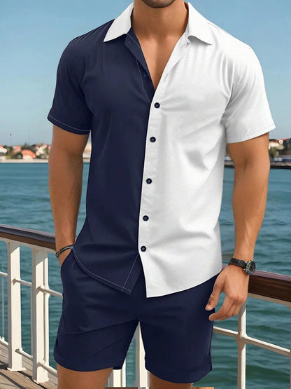 Summer Men's Solid Color Short Sleeve Shirt Set Lapel Button Front Shirt T Shirt Athletic Casual Shorts Set Hawaii Vacation Wear