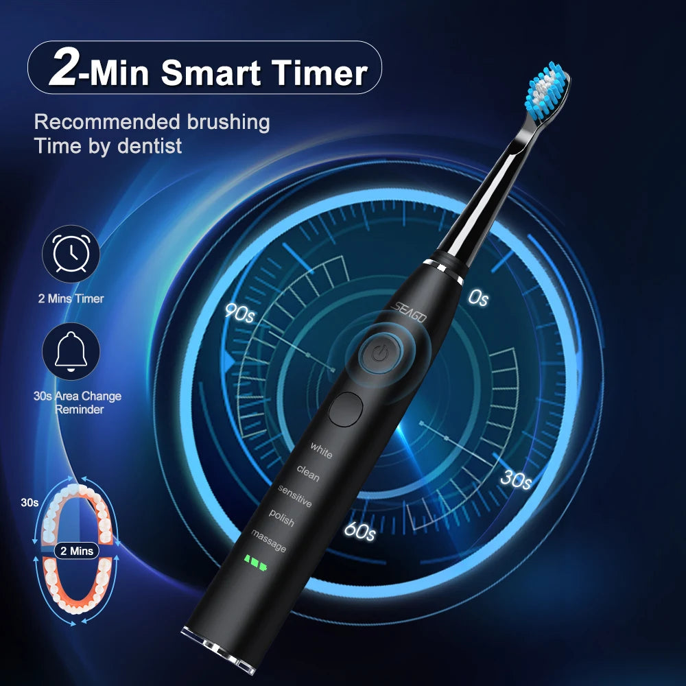 Seago SG-575 Sonic Electric Toothbrush | USB Rechargeable Toothbrush with 360-Day Battery Life, 4 Brush Heads & Travel Box