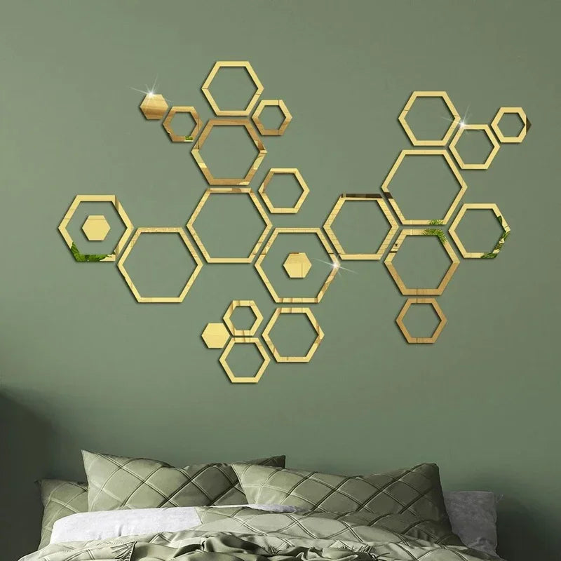 24Pcs Hexagon 3D Mirror Wall Stickers | Self-Adhesive Waterproof Honeycomb Design for Bedroom & Home Decoration