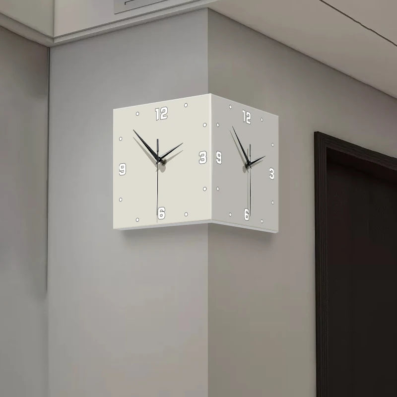 Nordic LED Double-Sided Corner Wall Clock | No-Drill Hanging Clock with Mural Lamp for Modern Living Room Decor