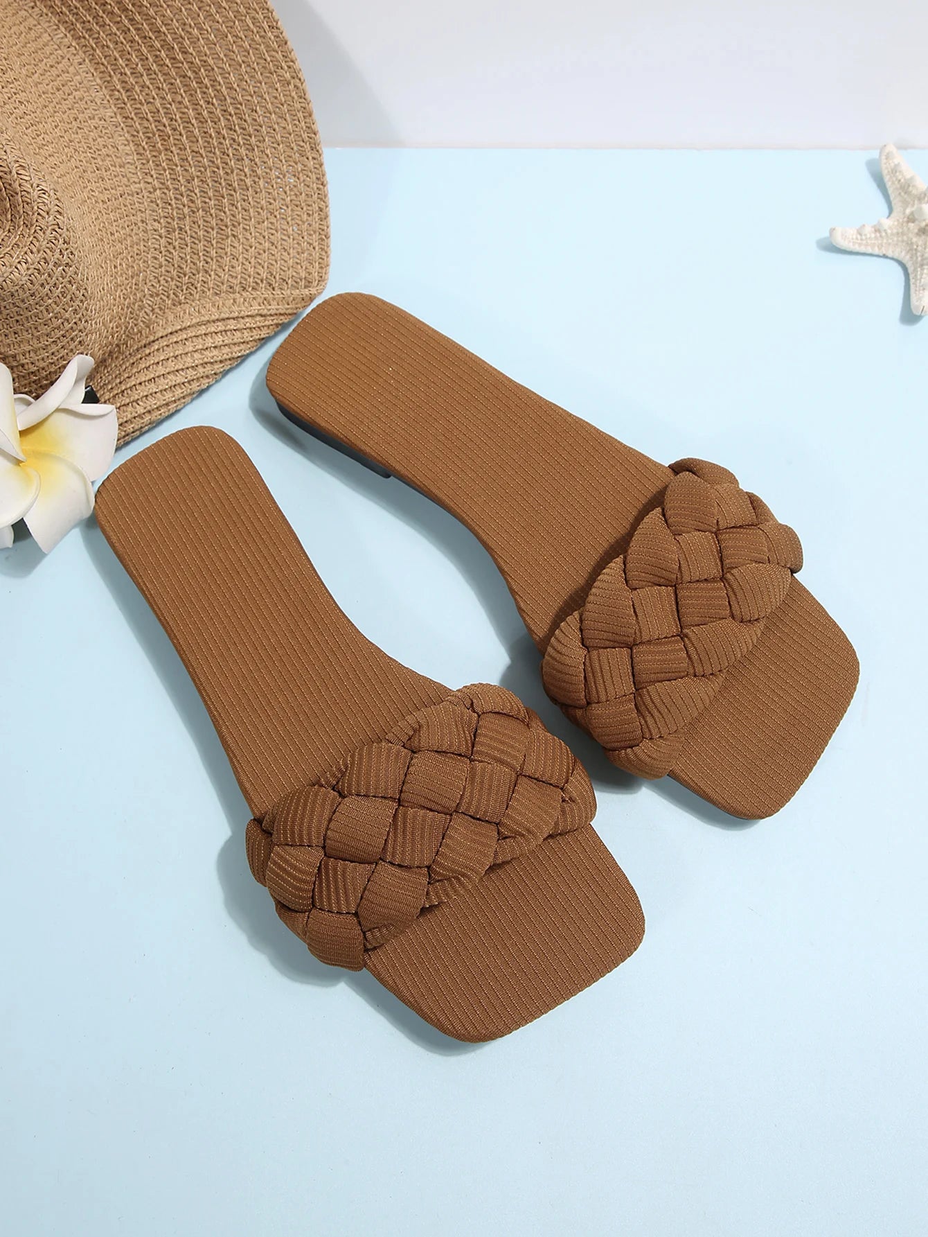 Square-toe Basket-Woven Sandals, Flat Home Slippers