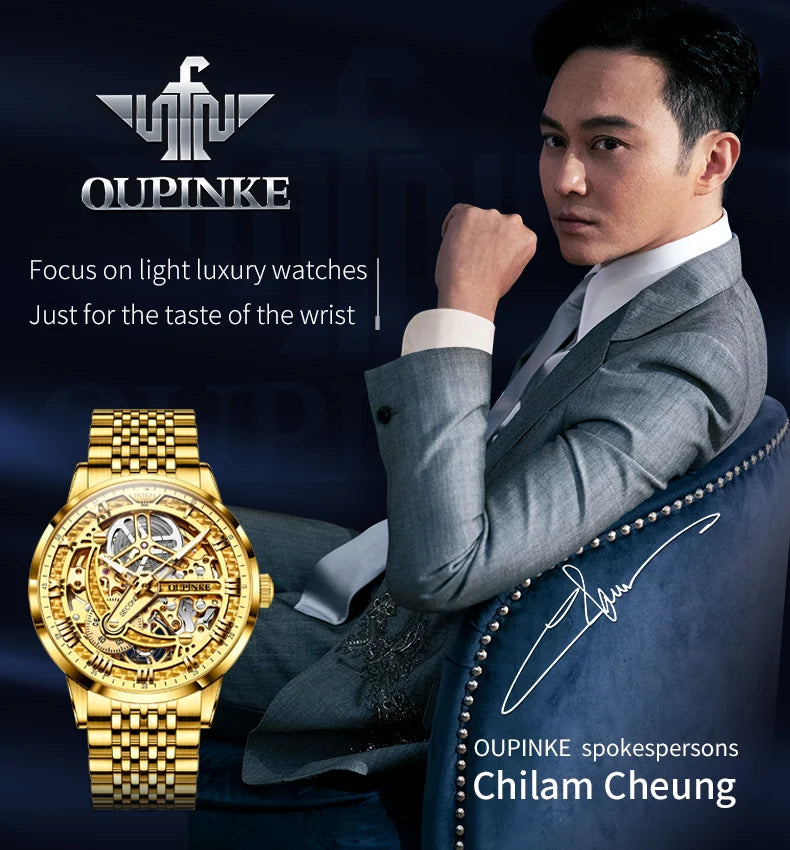 OUPINKE 3173 Men's Full Gold Watch Fully hollow out Waterproof top-level luxury automatic mechanical watch