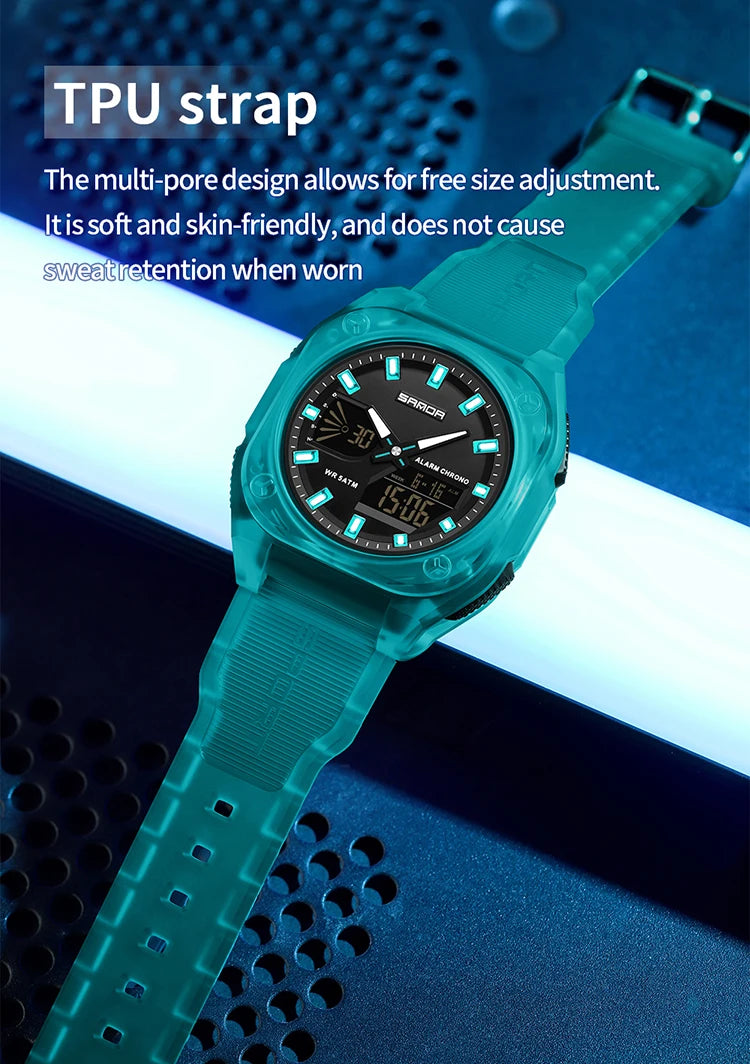 SANDA Quartz Watches for Men's Luxury Military Sport Chronograph Waterproof LED Dual Display Electronic Man Watches Reloj Hombre
