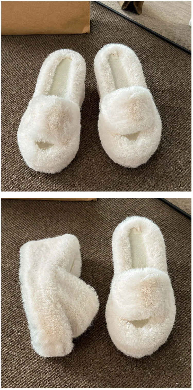 2024 Luxury New Women Feminine High-heeled Fur Drag Outdoor All-match Shoes Slippers Round Head Wedges with Mink Fur Slippers