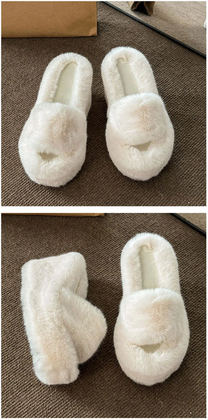 2024 Luxury New Women Feminine High-heeled Fur Drag Outdoor All-match Shoes Slippers Round Head Wedges with Mink Fur Slippers