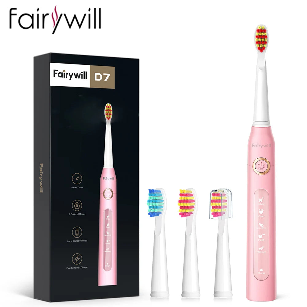 Fairywill FW-507 Electric Sonic Toothbrush | USB Rechargeable Waterproof Toothbrush with Replacement Heads for Adults