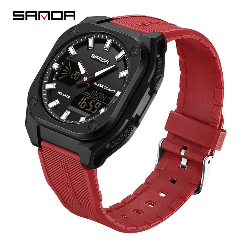 SANDA Quartz Watches for Men's Luxury Military Sport Chronograph Waterproof LED Dual Display Electronic Man Watches Reloj Hombre
